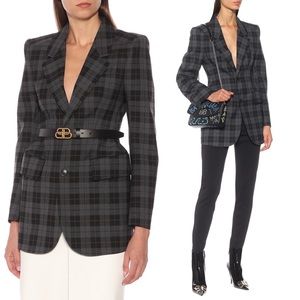 New Balenciaga Hourglass Checked Wool-Blend Blazer in Grey and Black